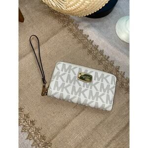 Michael Kors MK Monogram Logo White Gray Gold Zipper Wallet with Wrist Strap GUC